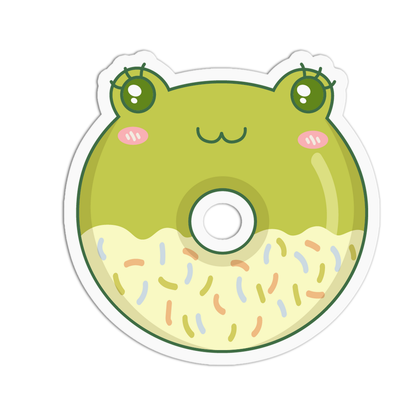 A die-cut sticker featuring a cute cartoon frog donut design. The top half is light green with a smiling face, and the bottom half is pale yellow with multicolored sprinkle details.