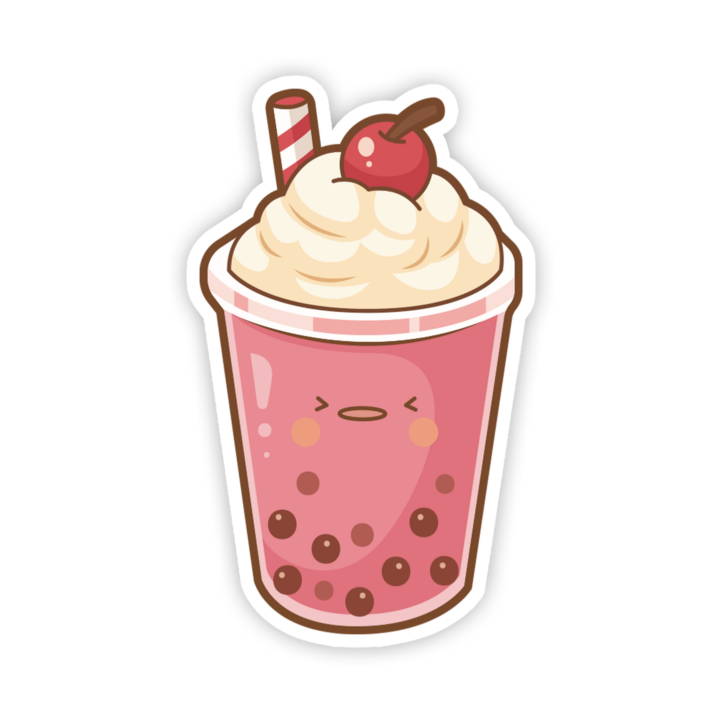 Cartoon bubble tea with whipped cream, cherry, and straw on a white background