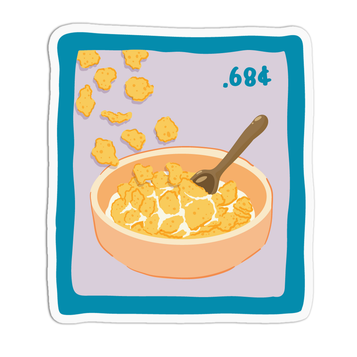 A die-cut sticker featuring a retro-style illustration of a bowl of cereal with milk, scattered cereal pieces, a spoon, and the number '.684' on a light lavender background, framed by a teal border.