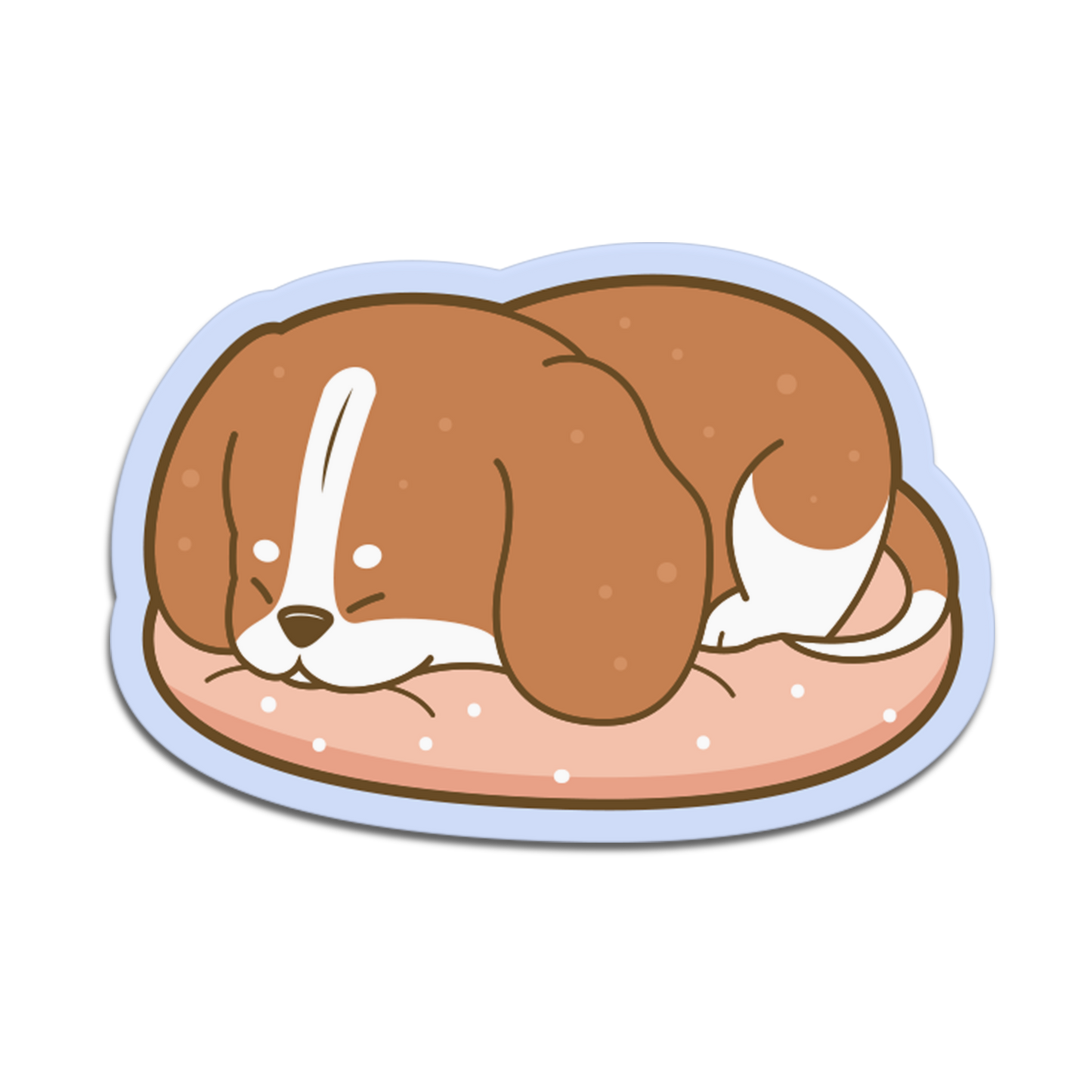 Cartoon sticker of a dog lying on a pink cushion with a white background