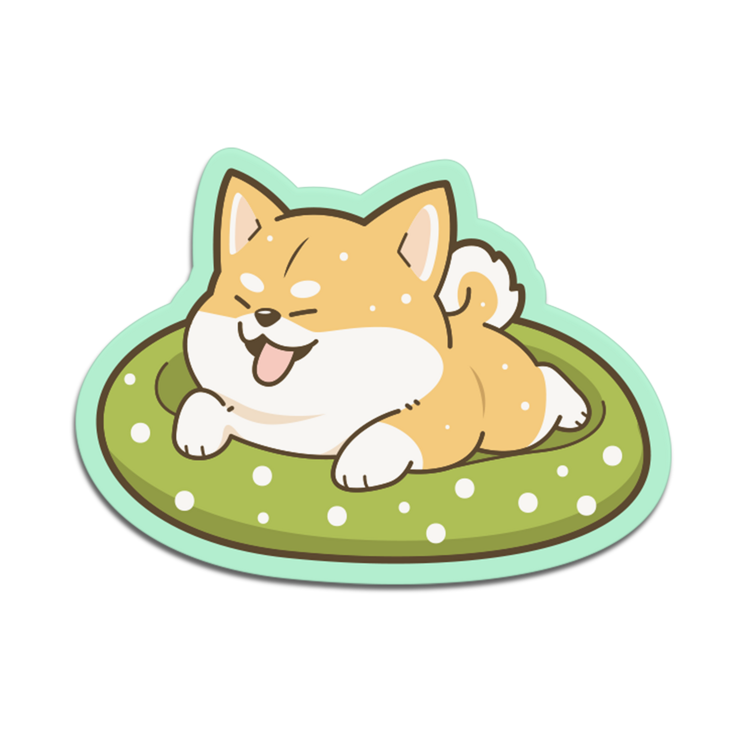 Cartoon dog lying on a green rug with white polka dots on a white background