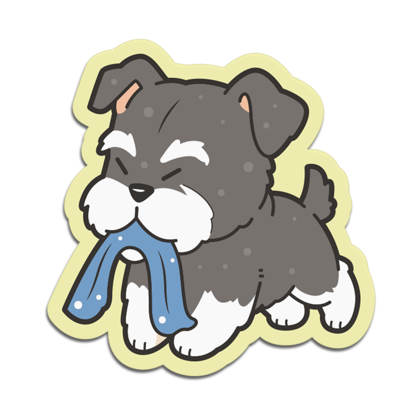 Cartoon dog holding a blue scarf on a white background