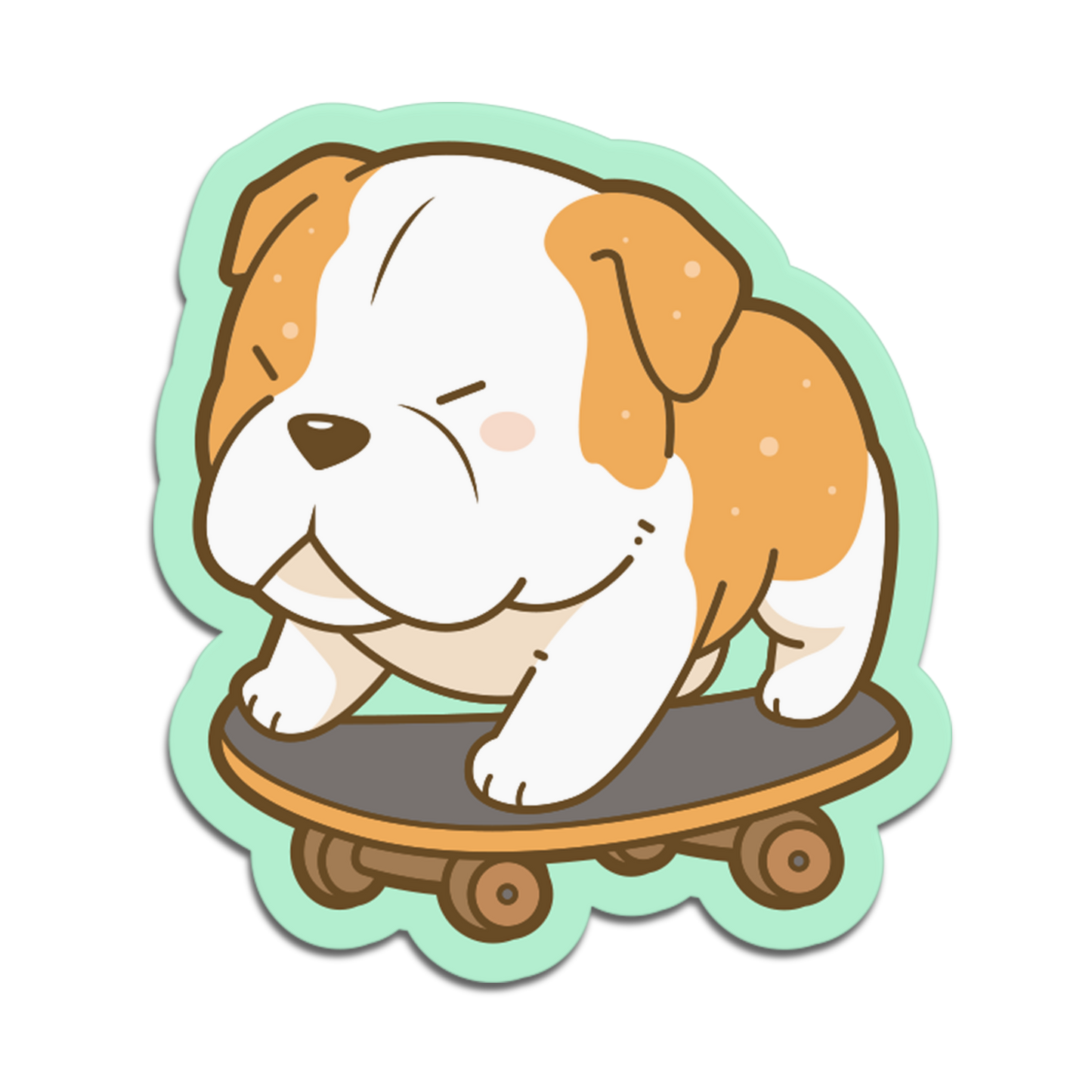 Cartoon bulldog on a skateboard with a light green border