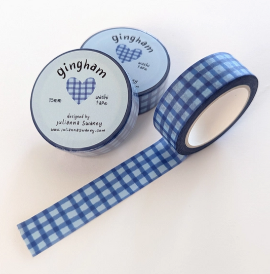 Blue gingham washi tape with 'gingham' and '15mm' labels on a white background