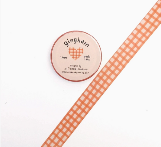 Gingham patterned washi tape with a round container labeled 'gingham' on a white background.