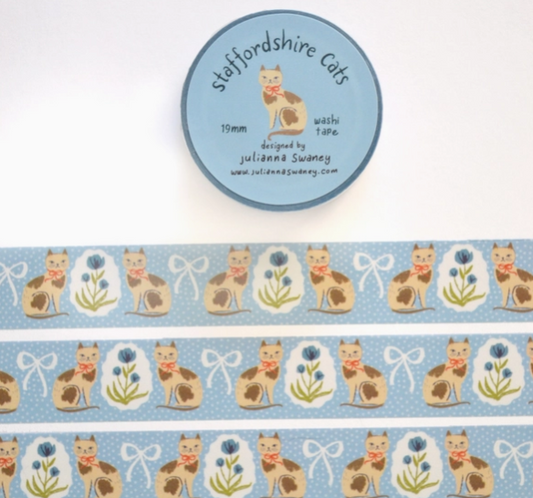 Washi tape with cat and flower design on a blue background