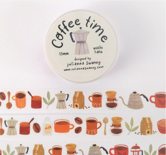 Washi tape with coffee-themed illustrations and 'Coffee time' text on a white background