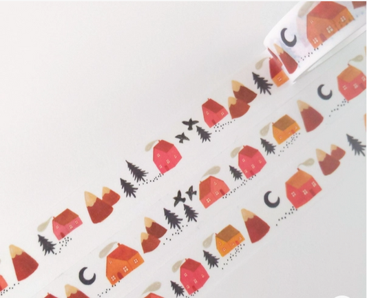 Patterned paper with Halloween-themed designs including candy corn, pumpkins, and trees on a white background.