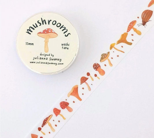 Mushroom-themed washi tape with a container labeled 'mushrooms' on a white background.