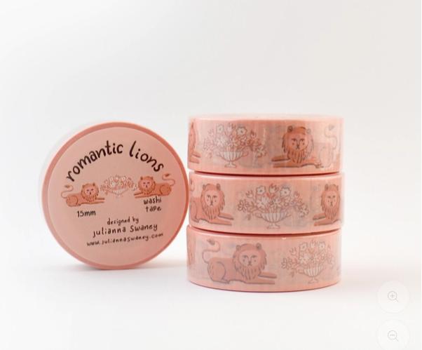 Set of pink containers with 'romantic lions' design on a white background