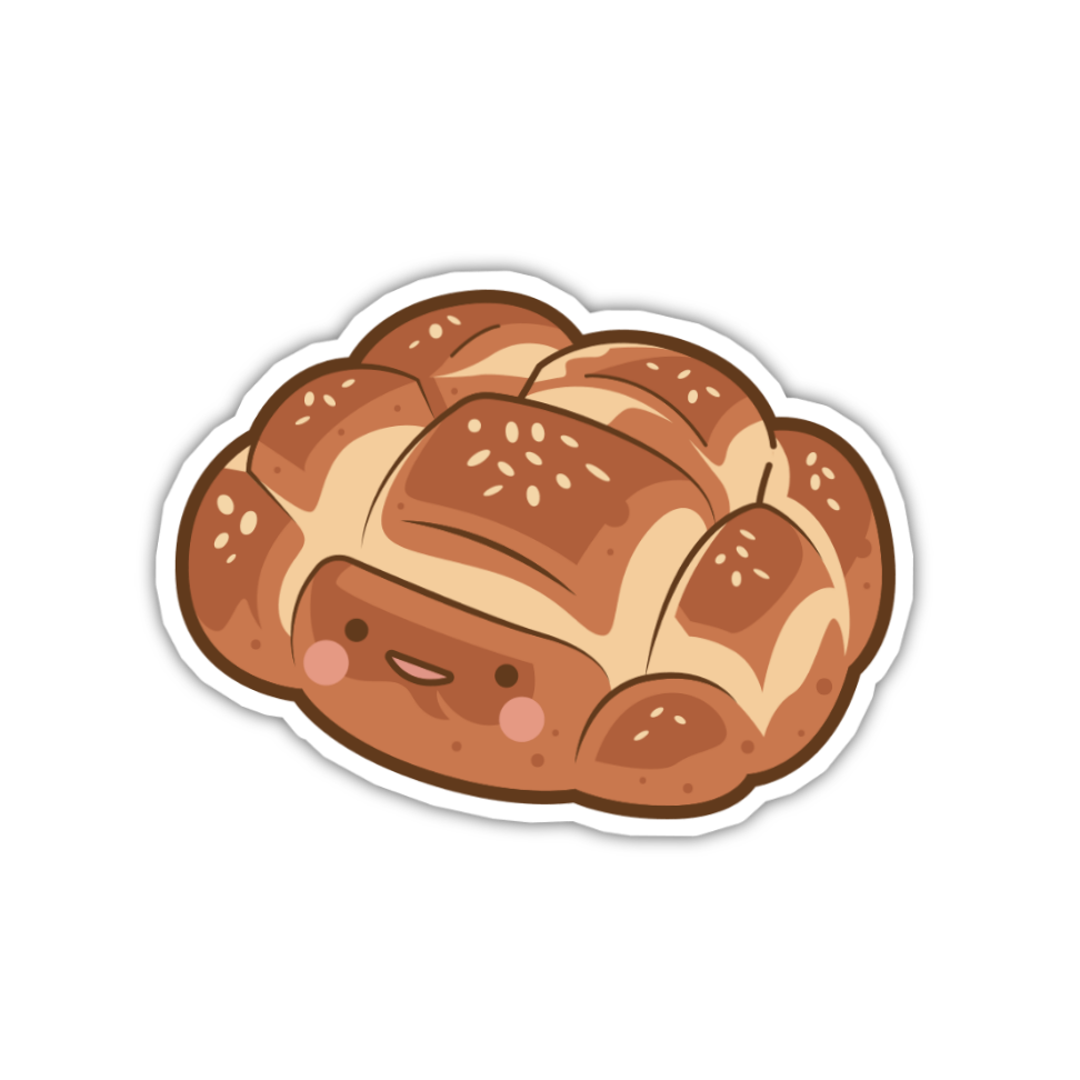 Cartoon-style loaf of bread with a face on a white background