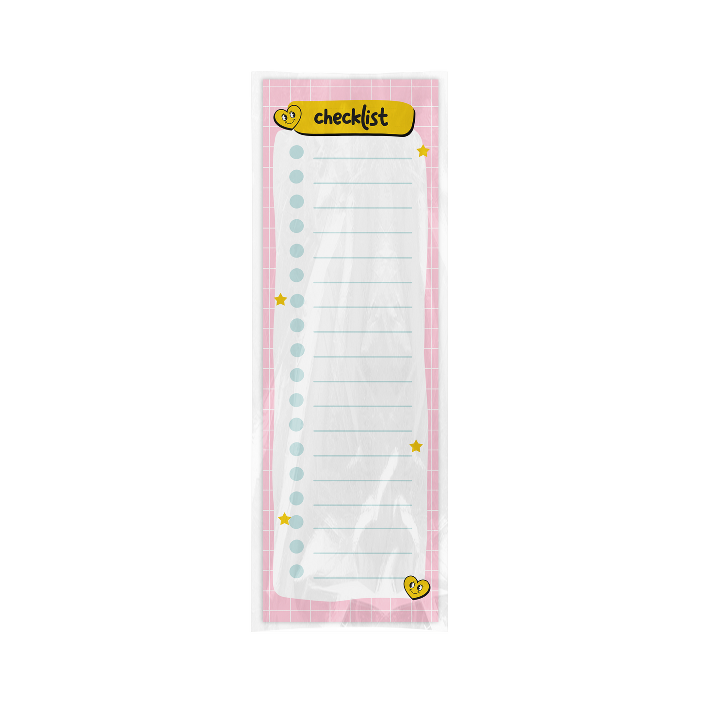 Long, narrow notepad with a pink border and 'checklist' text on a white background