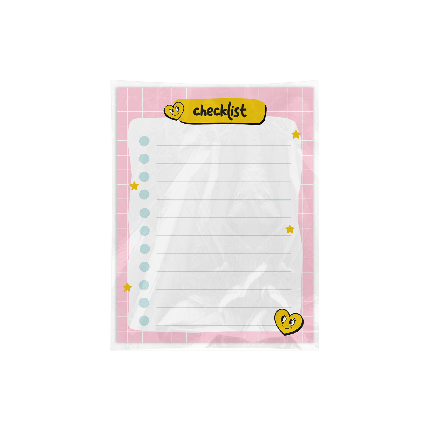 Checklist notepad with pink border and yellow heart design on a white background