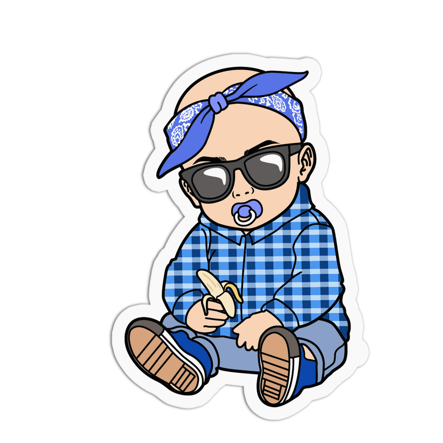 A cartoon-style die-cut sticker of a baby wearing a blue bandana, black sunglasses, a blue pacifier clip, and a blue-and-white checkered shirt while holding a banana, shown on a plain white background.