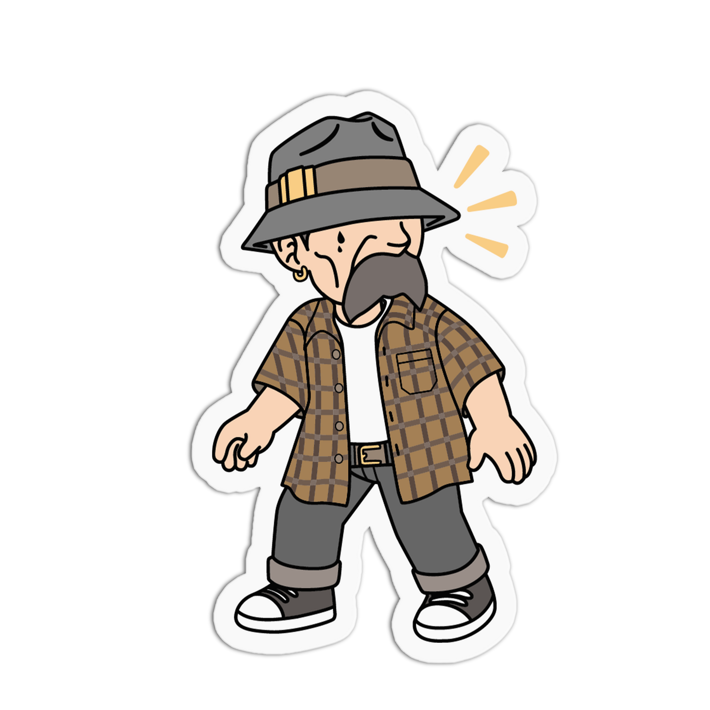 A cartoon die-cut sticker of a man wearing a gray fedora hat, a brown and tan plaid shirt over a white undershirt, gray pants, and sneakers, with a small yellow sound effect behind his head, shown on a plain white background.