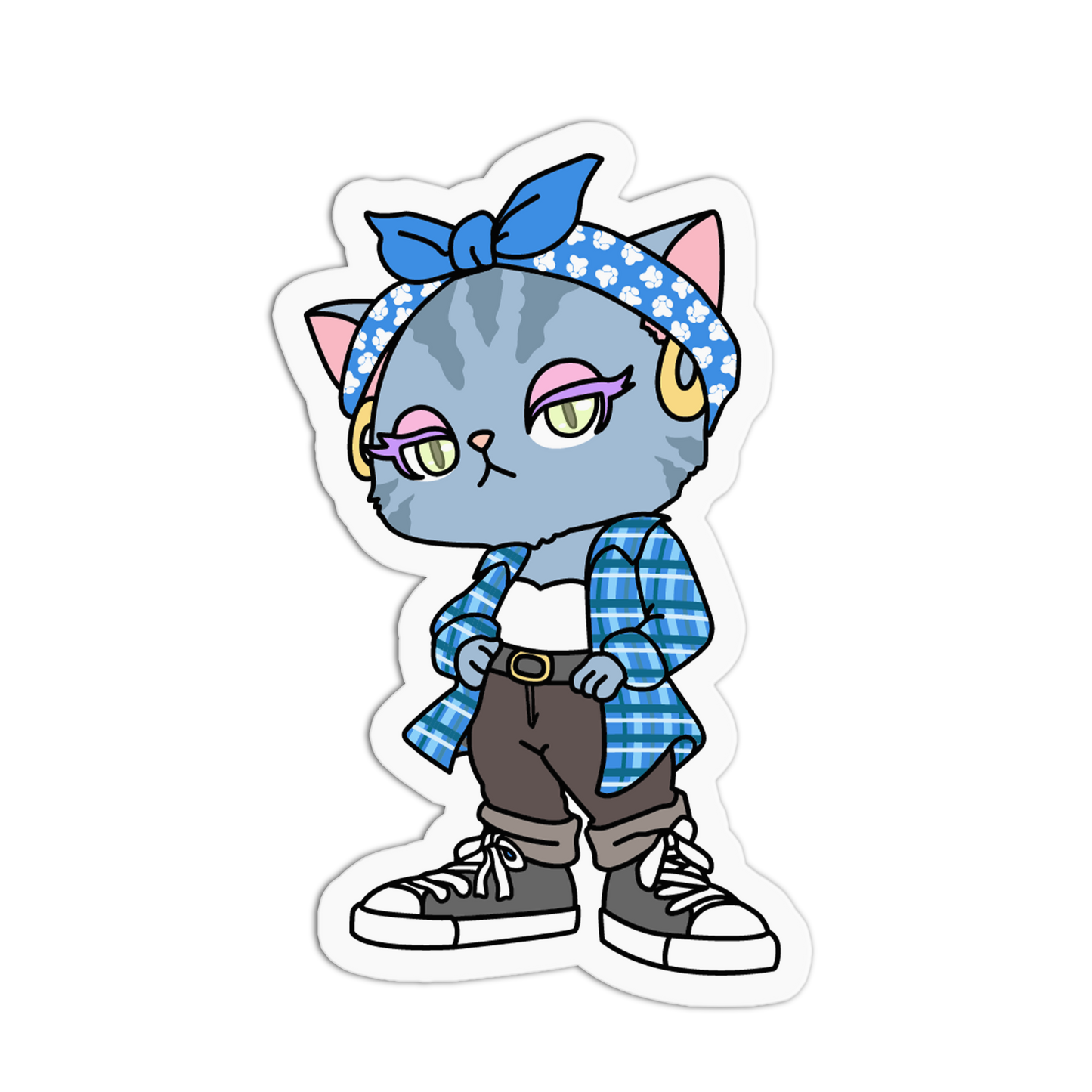 A cartoon-style die-cut sticker of a gray cat dressed in a blue plaid shirt, brown pants, and a blue polka-dot headband, shown on a plain white background.