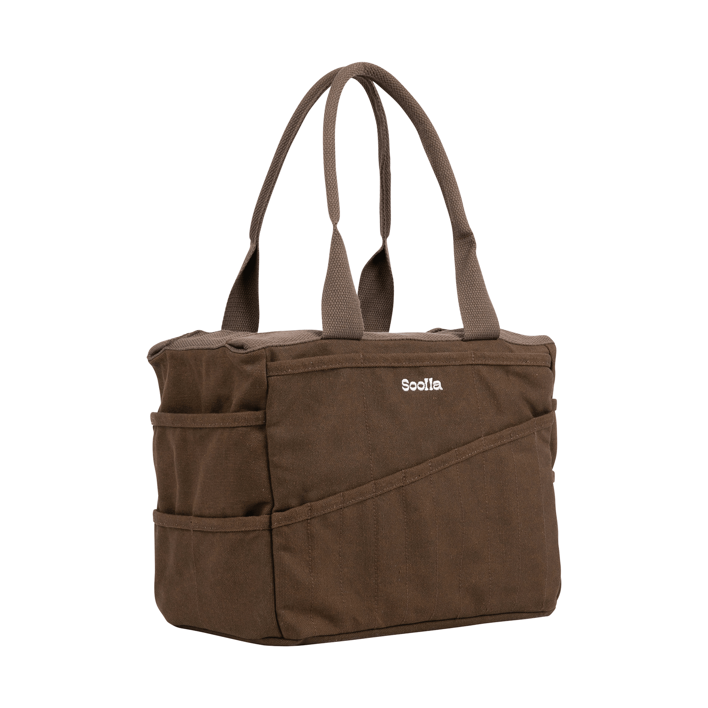 Brown tote bag with multiple pockets and a visible brand logo on a white background