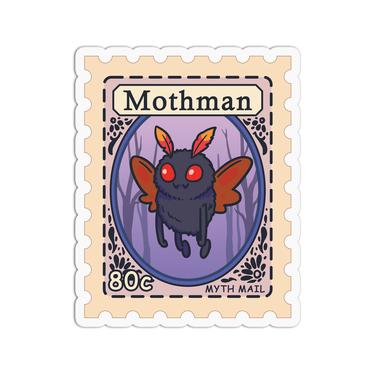 Sticker design of Mothman with a vintage stamp border, featuring the text 'Mothman' and 'Myth Mail'.
