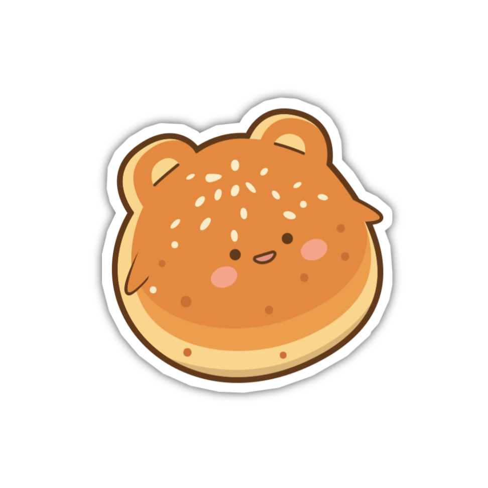 Cartoon bear head sticker with a white border on a white background