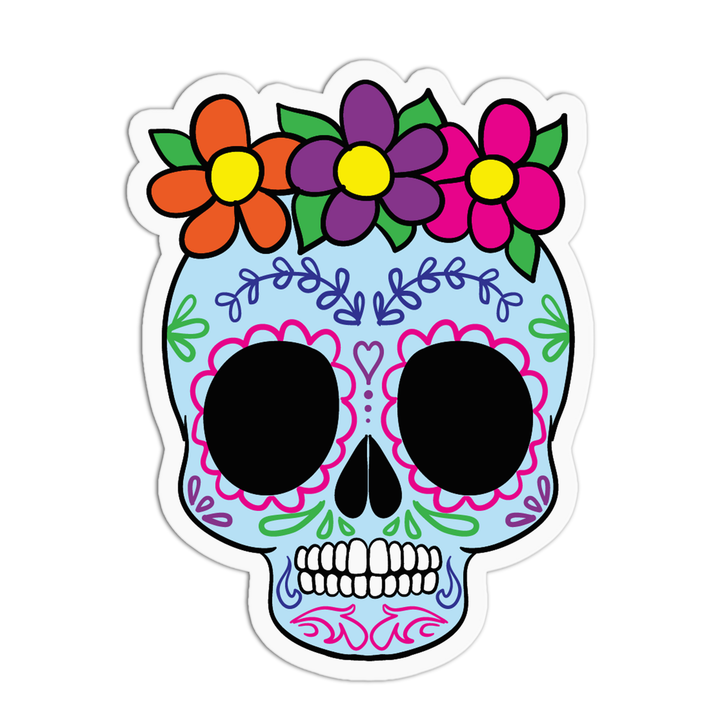 A die-cut sticker featuring a colorful sugar skull with a floral crown, shown on a plain white background.