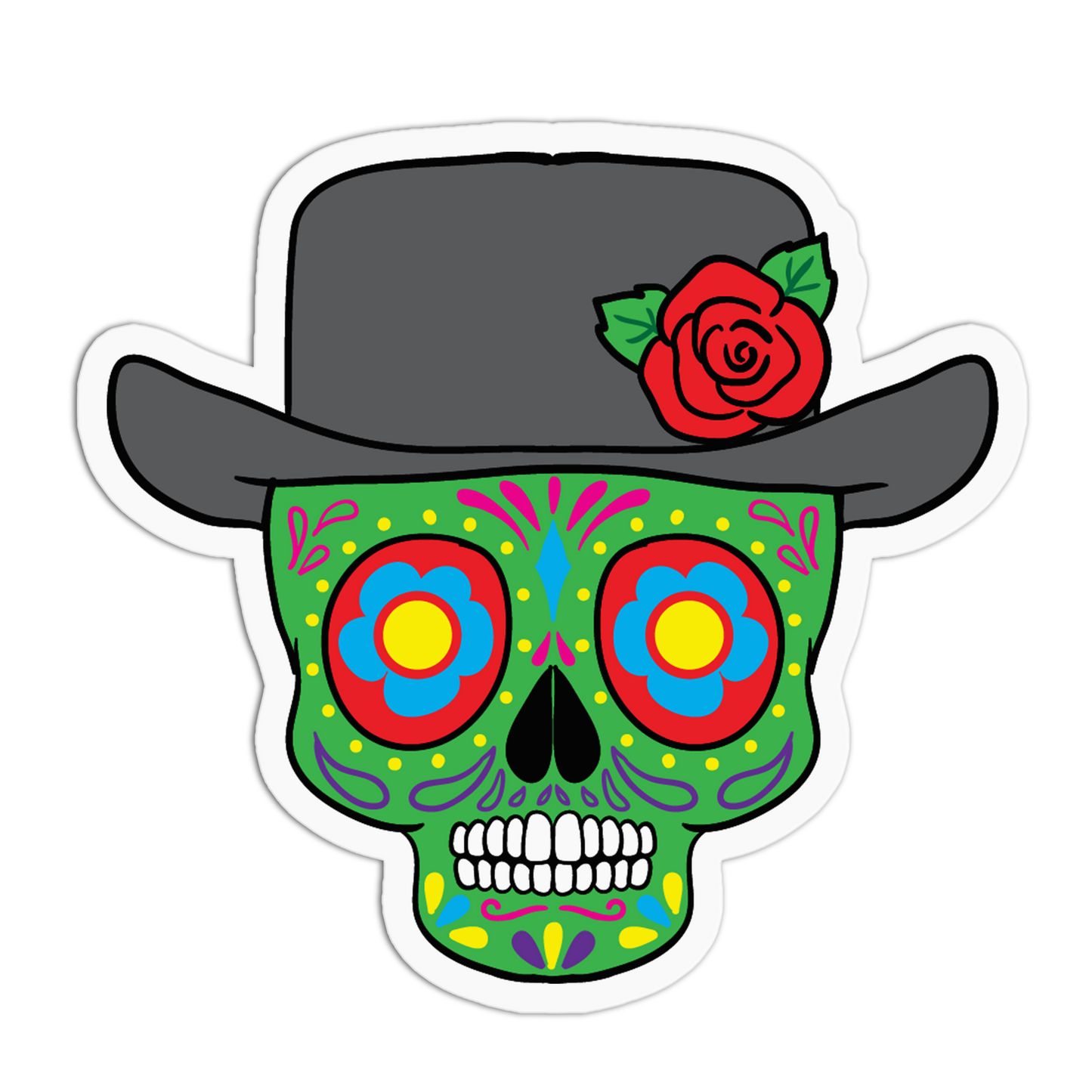 A die-cut sticker featuring a colorful sugar skull wearing a dark gray top hat with a red rose and green leaves, shown on a plain white background.