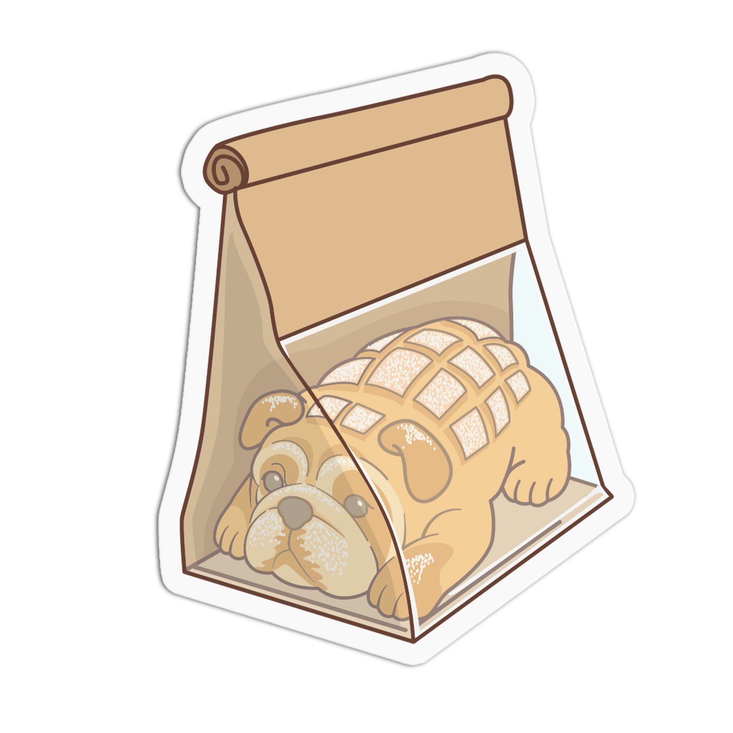 Cartoon bulldog in a bag with a scroll on a white background