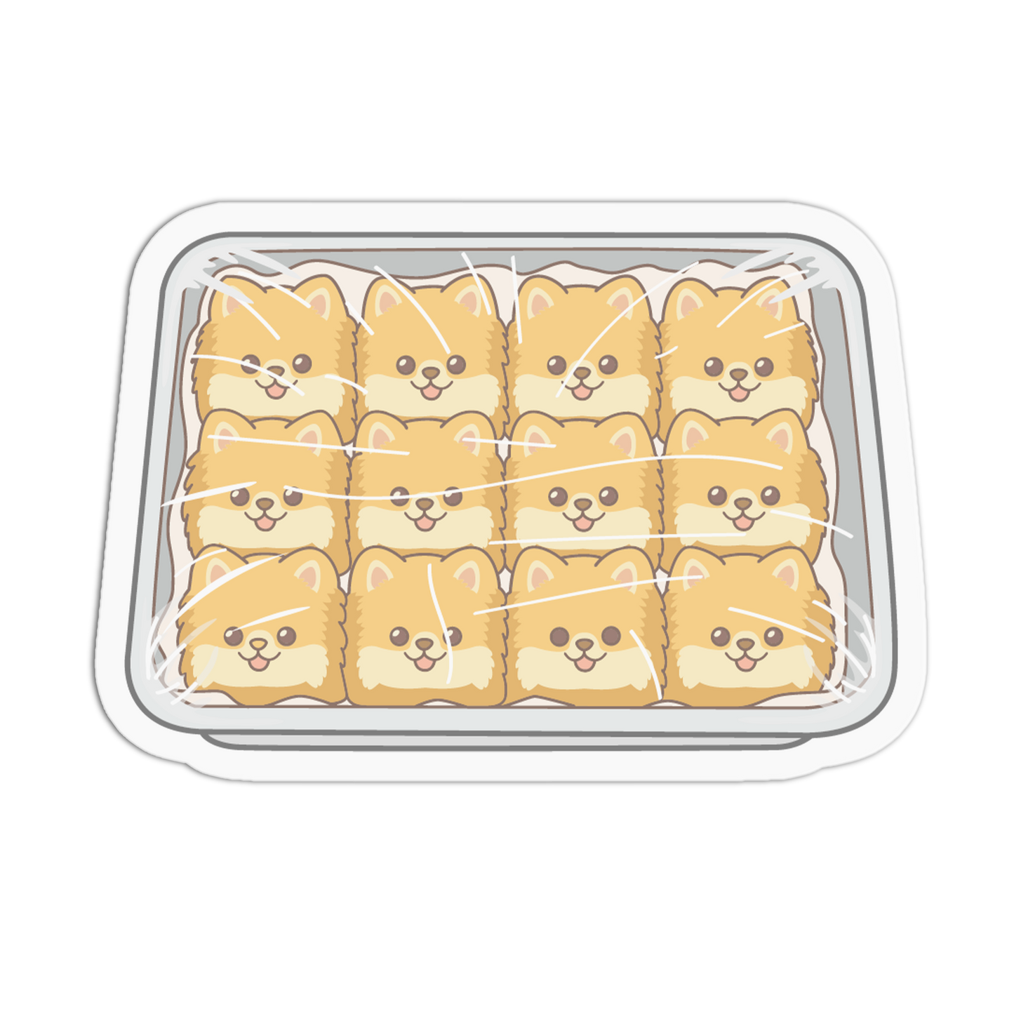 Container with cartoonish dog faces on a white background