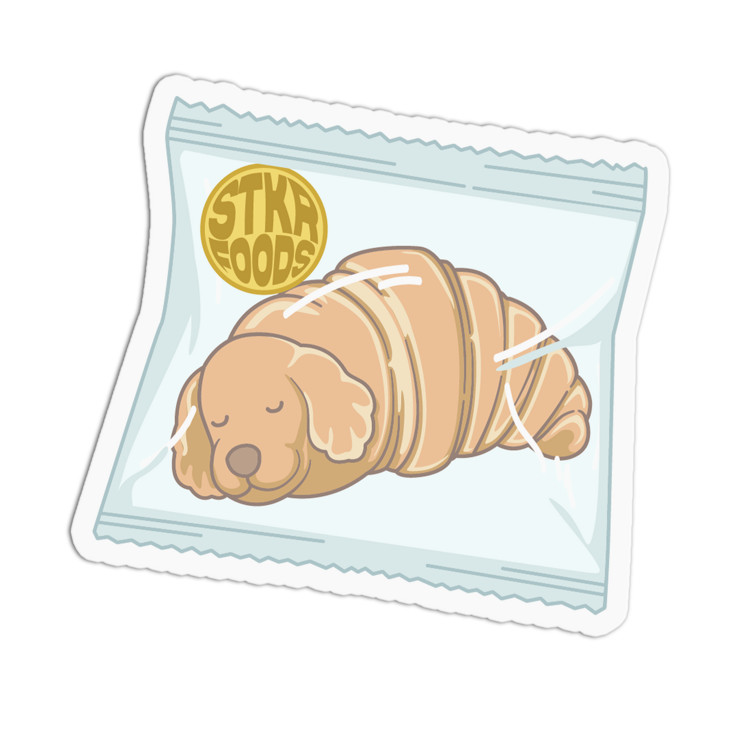 Illustration of a croissant with a dog's face in a clear package labeled 'STKA FOODS' on a white background.