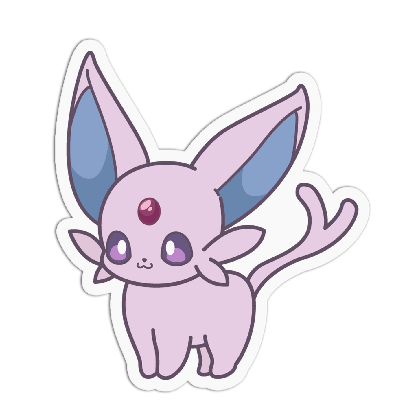 A die-cut vinyl sticker featuring a cute, stylized cartoon creature resembling a small pinkish-purple fox or chameleon with large pointed ears, blue ear interiors, purple eyes, and a red gem on its forehead, shown on a plain white background.