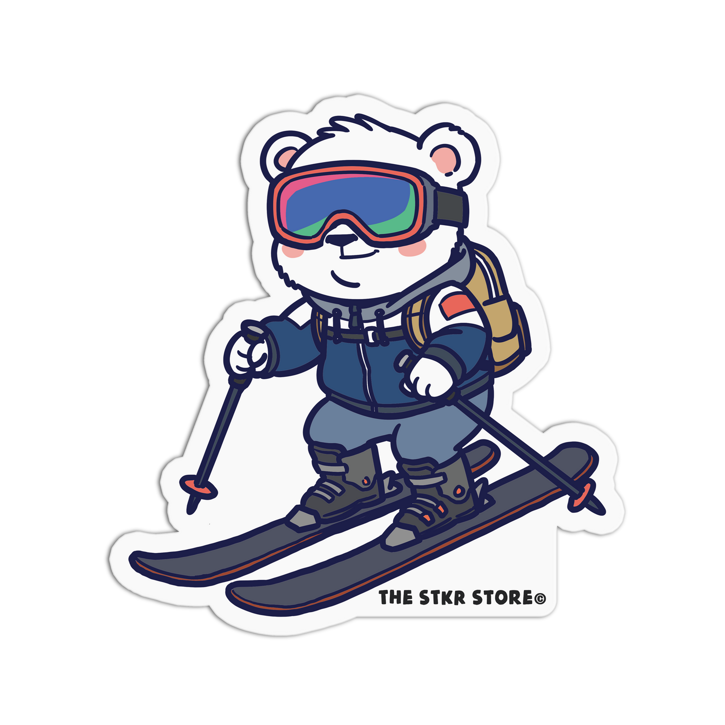 Cartoon bear skiing with goggles and ski equipment, branded 'The Stkr Store'.
