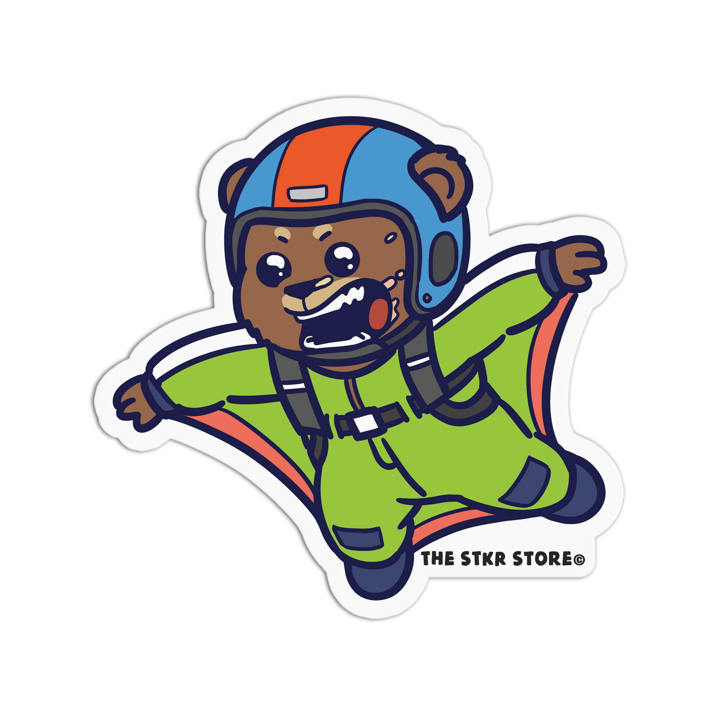 Sticker of a bear in a green jumpsuit and helmet with orange and blue accents, from The STKR Store.