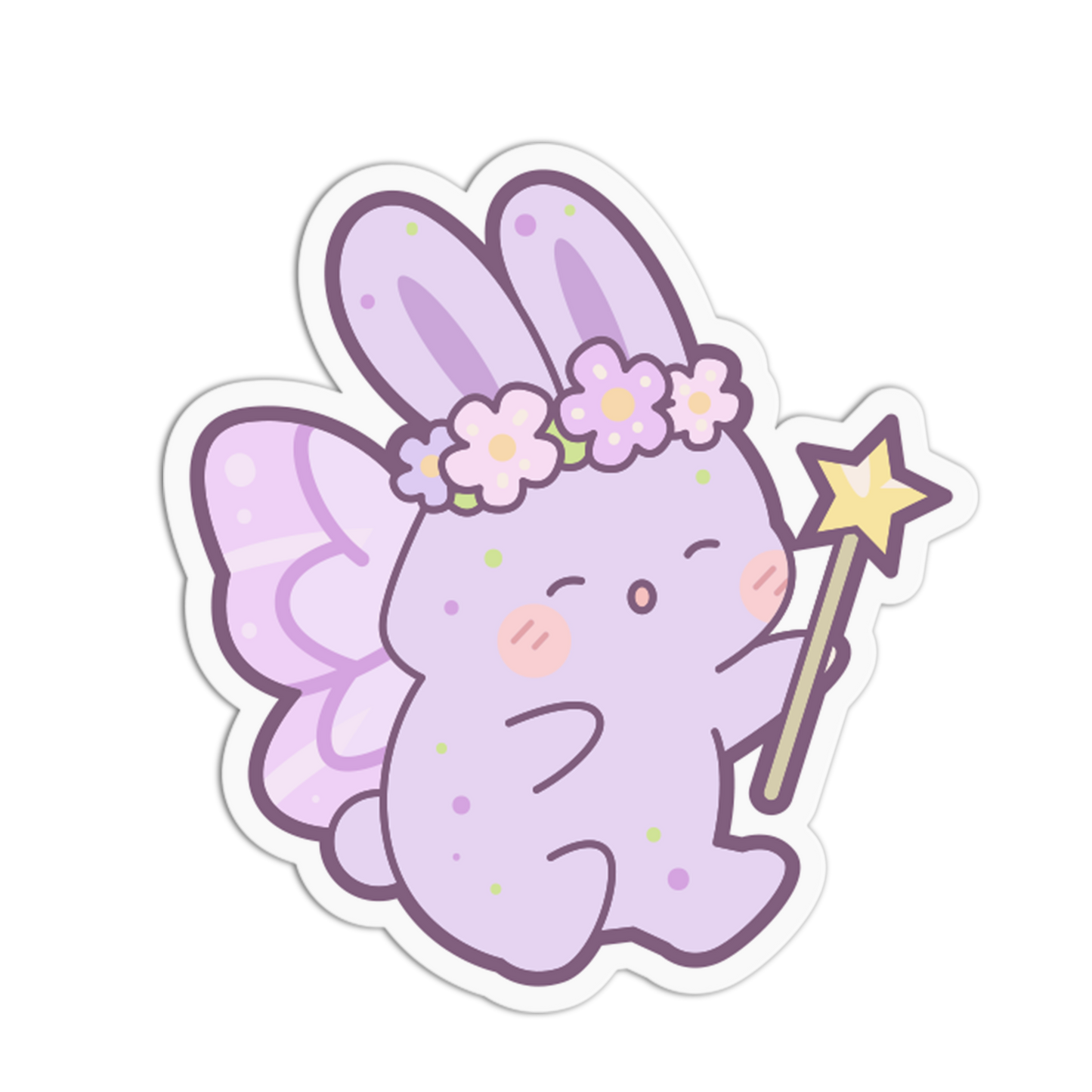 A cute die-cut sticker featuring a lavender bunny character with pink wings, a flower crown, and a yellow star wand, shown on a plain white background.