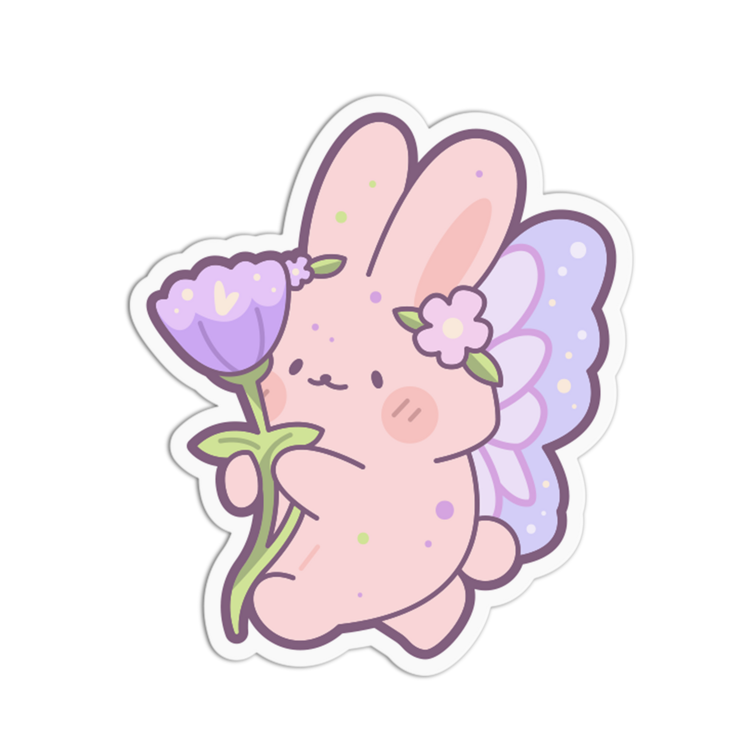 A die-cut sticker featuring a cute pink bunny fairy holding a purple flower, with pastel wings and small floral details, shown on a plain white background.