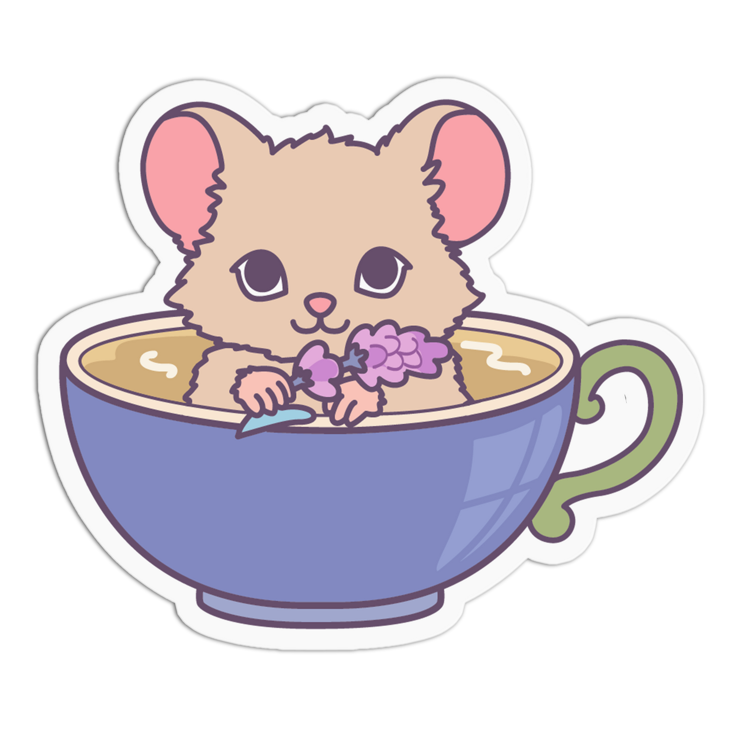 Cartoon mouse in a teacup with flowers on a white background