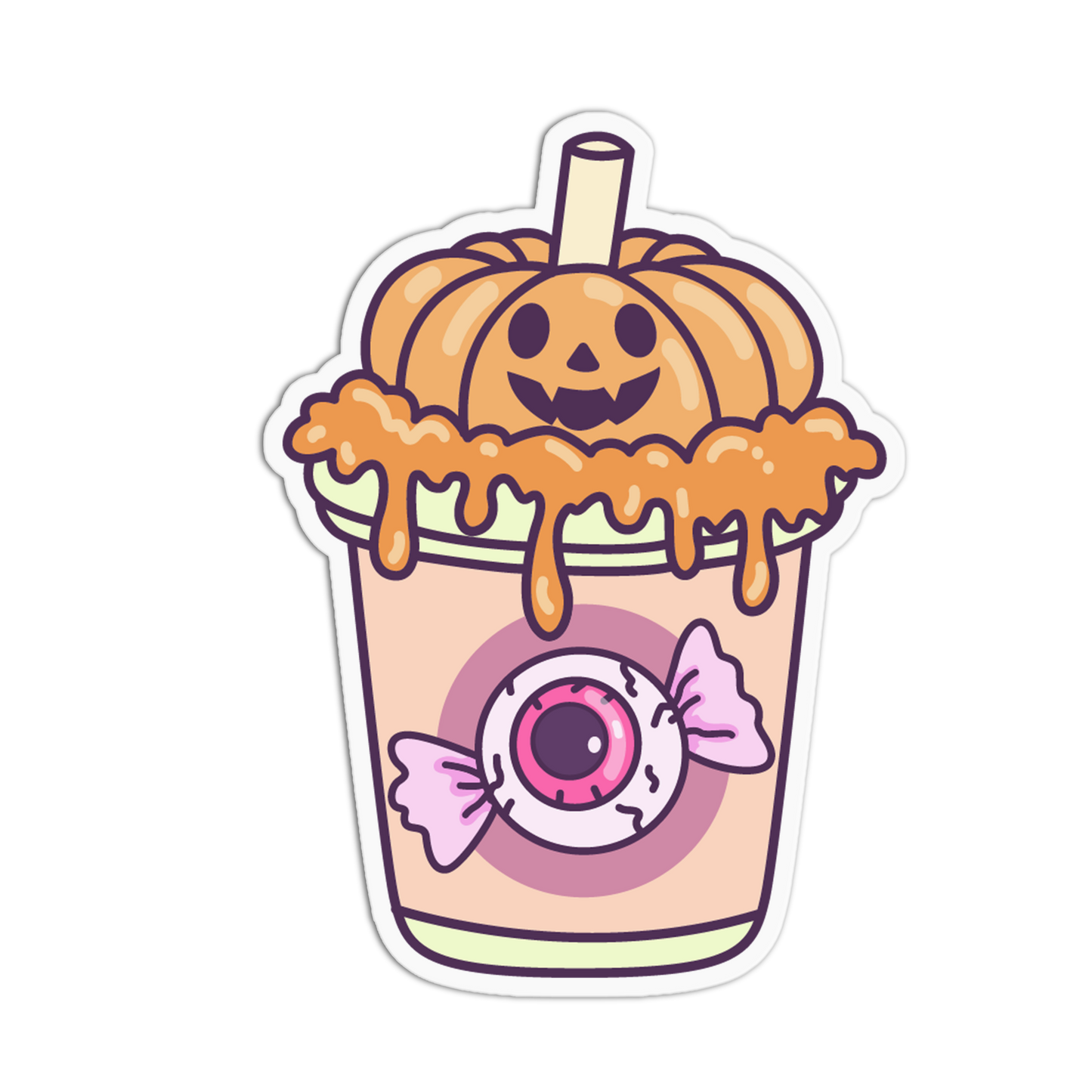 A die-cut sticker featuring a cartoon pumpkin drink topped with orange dripping frosting and a jack-o'-lantern lid, with a pink-and-white eyeball candy graphic on the cup, shown on a plain white background.