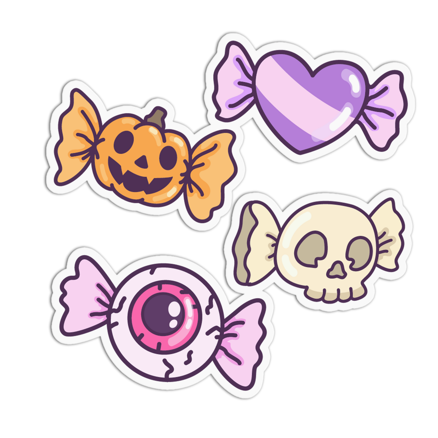 Four Halloween-themed die-cut stickers on a white background: a jack-o'-lantern candy, a purple heart candy, a skull candy, and a pink eyeball candy.