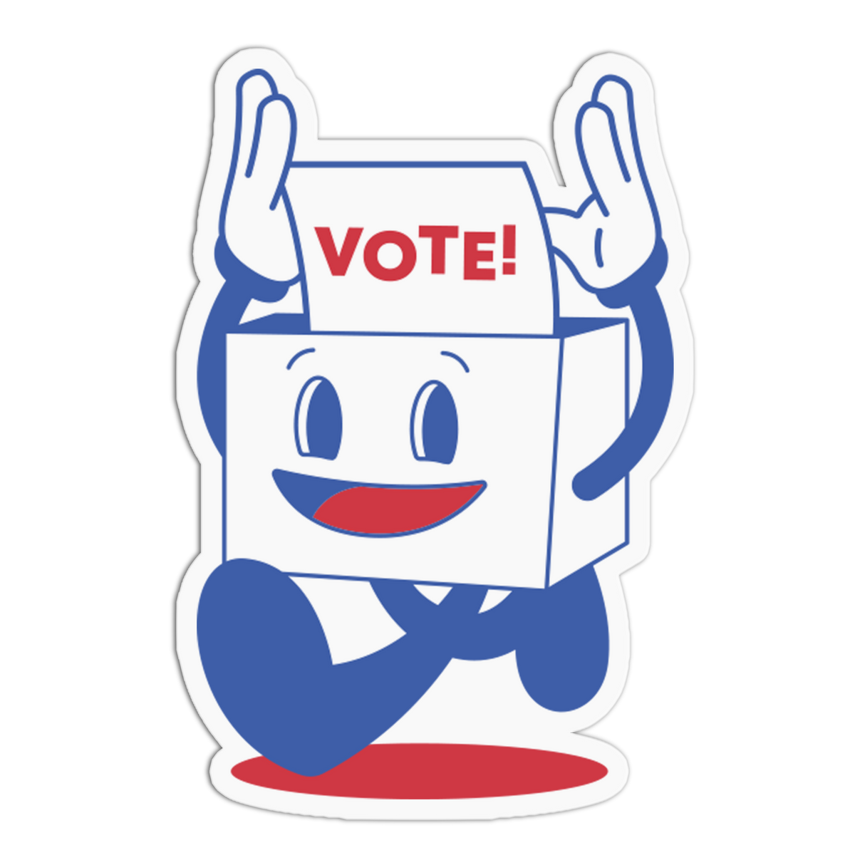 A die-cut cartoon voting box sticker with a smiling face, blue arms and legs, and a white sign reading “VOTE!” in red, shown on a plain white background.