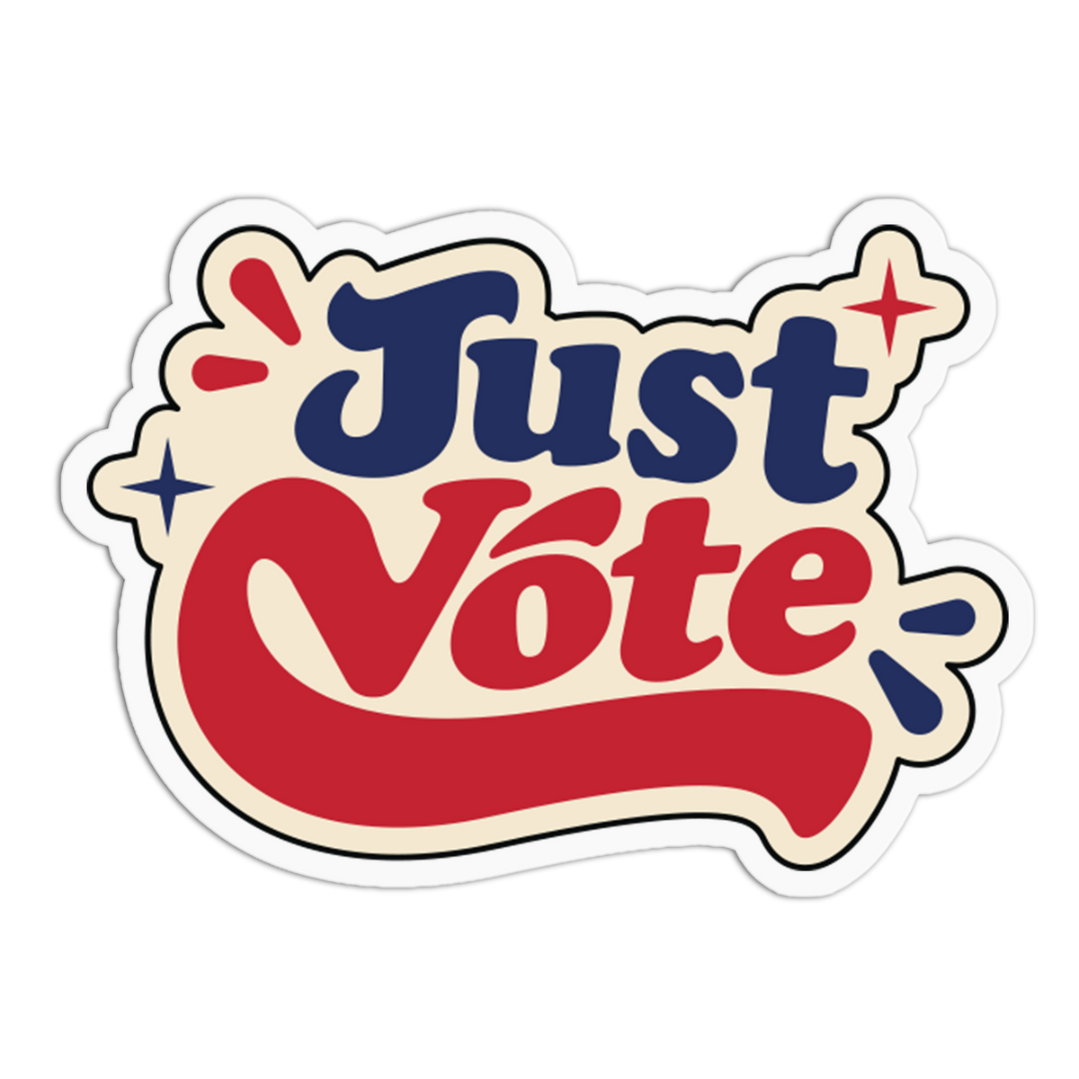 A die-cut sticker with the words 'Just Vote' in stylized red and navy lettering on a cream background with a white outline.