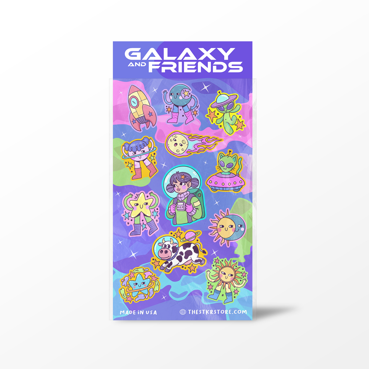 Sticker pack with cartoon characters on a purple background, featuring the brand 'Galaxy and Friends'.