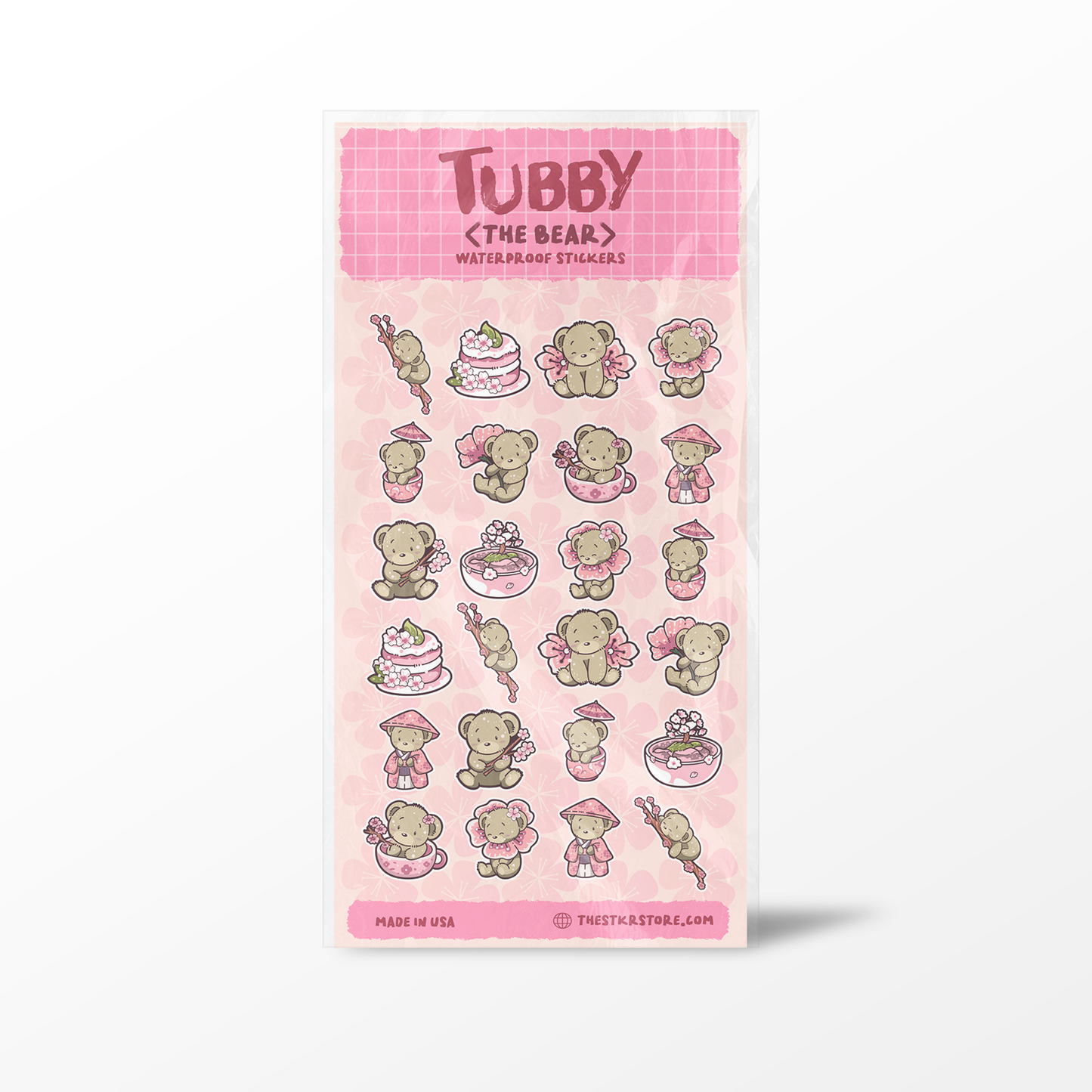 Pack of Tubby the Bear stickers with a pink checkered border on a white background