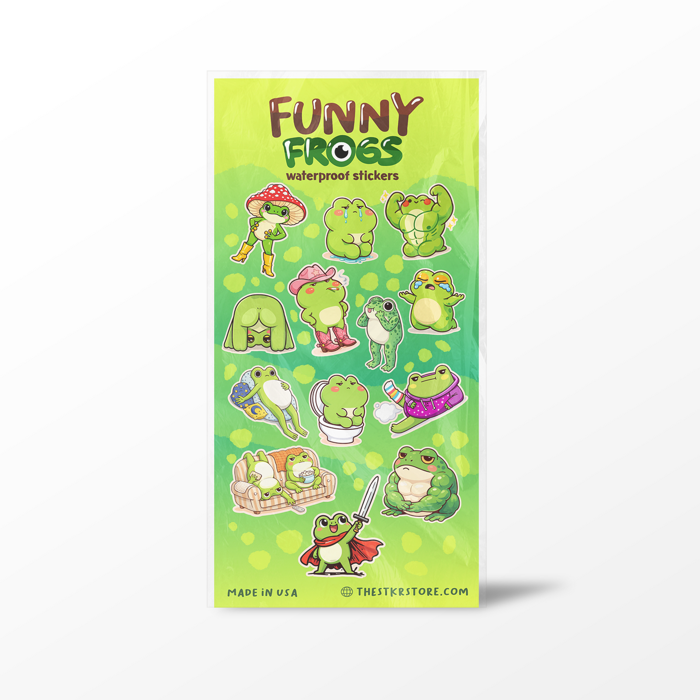 Sheet of Funny Frogs waterproof stickers with various frog designs on a green background.