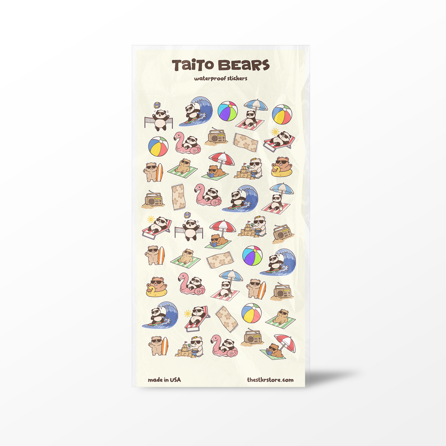 Sheet of Taito Bears waterproof stickers with various designs on a white background