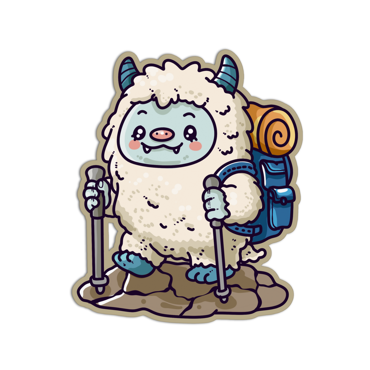 A cartoon die-cut sticker of a cute fluffy white creature with blue horns, a blue backpack, and hiking poles, shown on a plain white background.