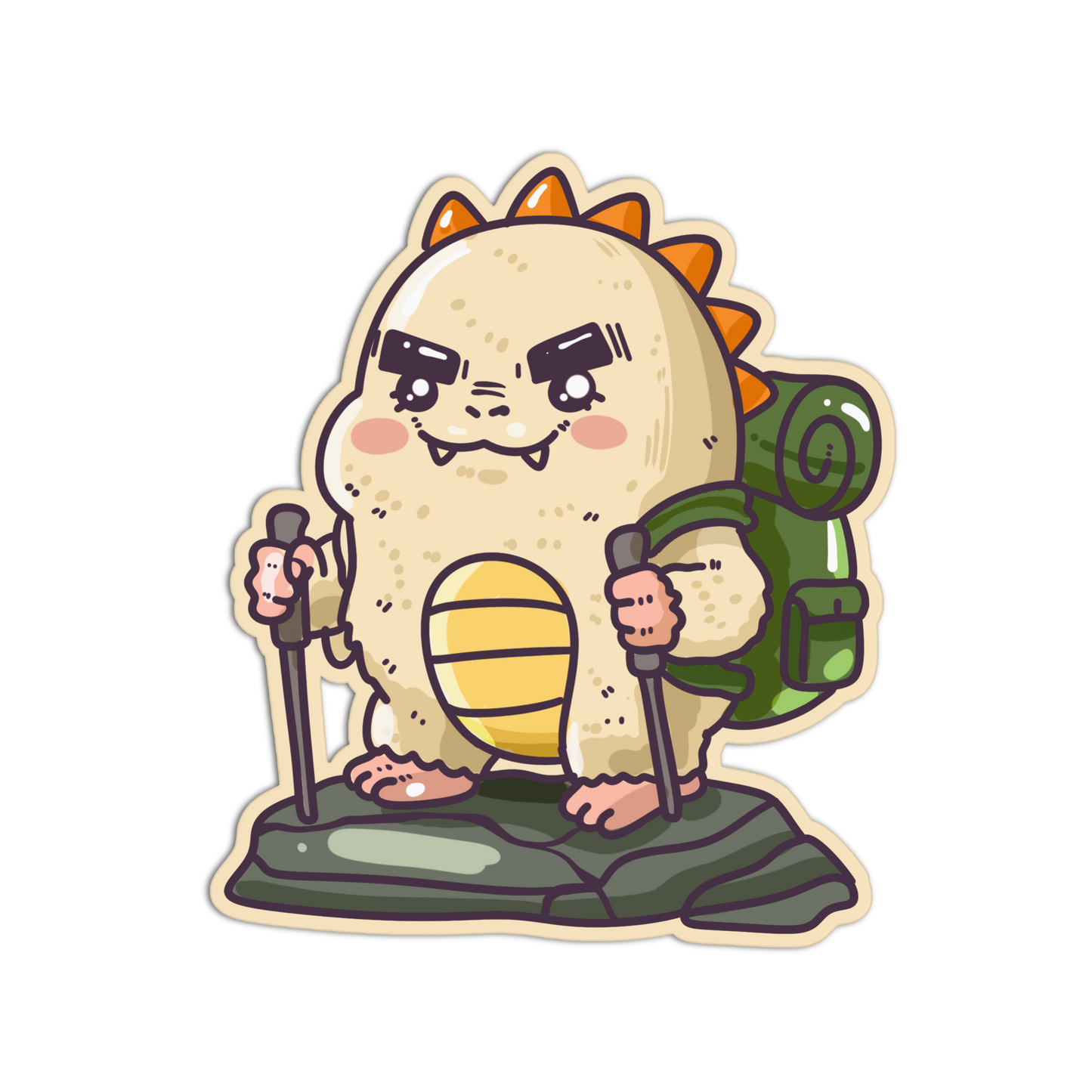 A cartoon die-cut sticker or decal of a cute beige creature with orange spikes, holding hiking poles and wearing a green backpack, shown on a plain white background.