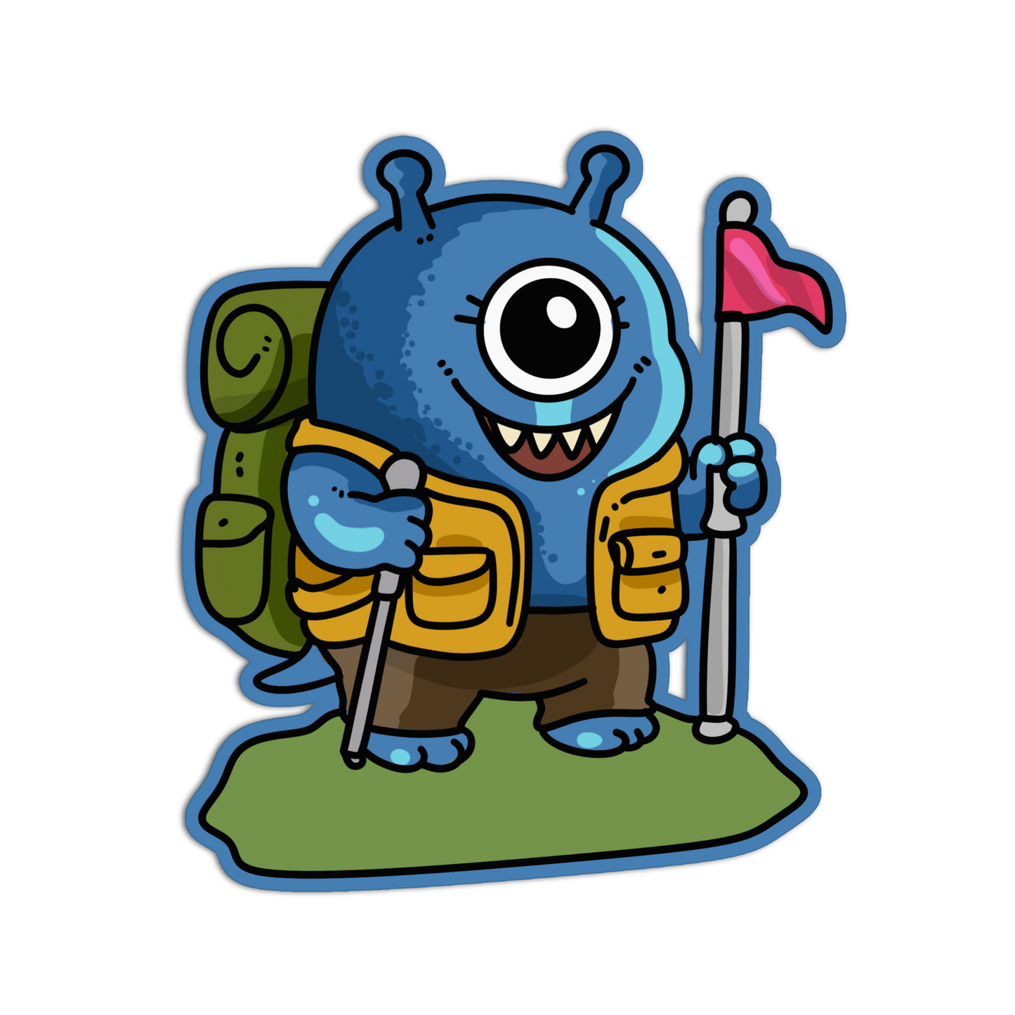 A cartoon-style blue one-eyed monster character with a backpack, hiking stick, and pink flag on a white background.