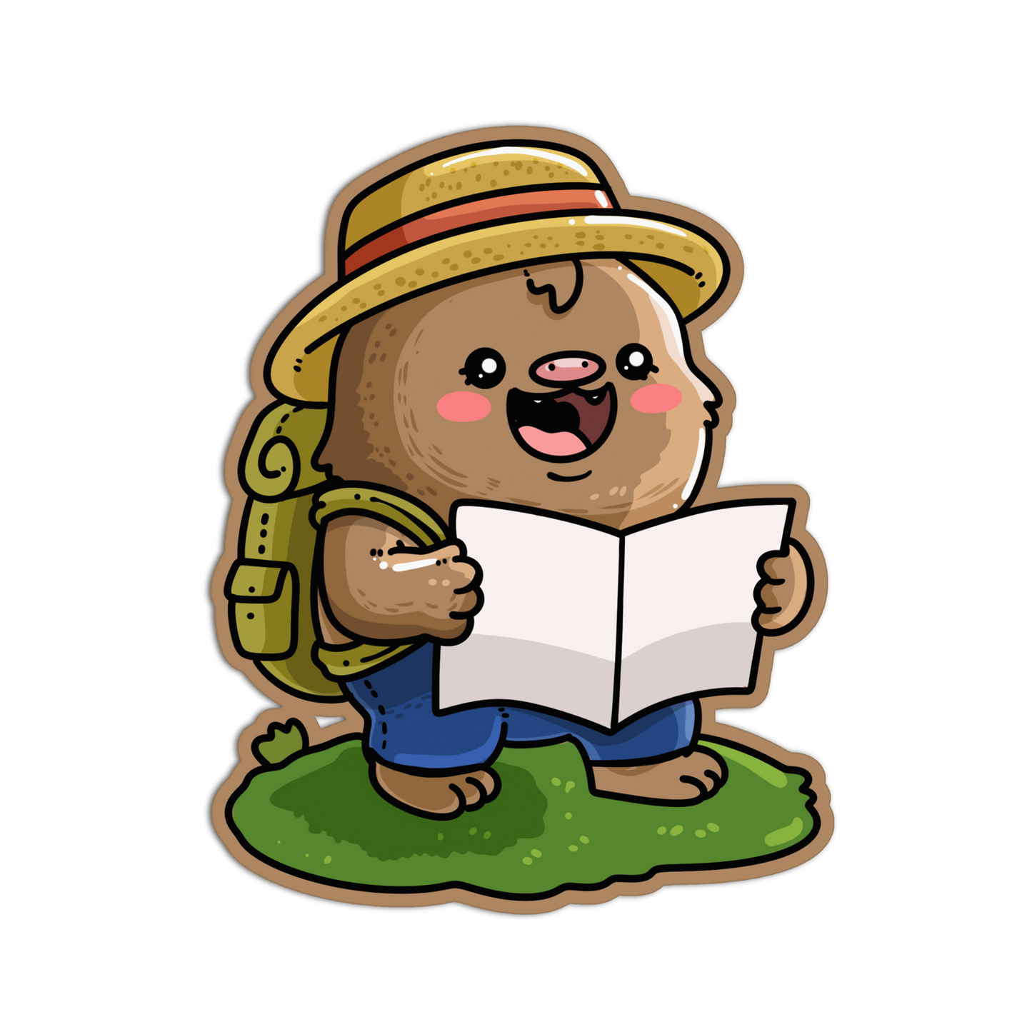 A cartoon sticker or graphic of a cute brown animal character wearing a straw hat, green backpack, and blue pants, standing on a patch of grass and reading a white map. The character is outlined in brown and set against a solid black background.