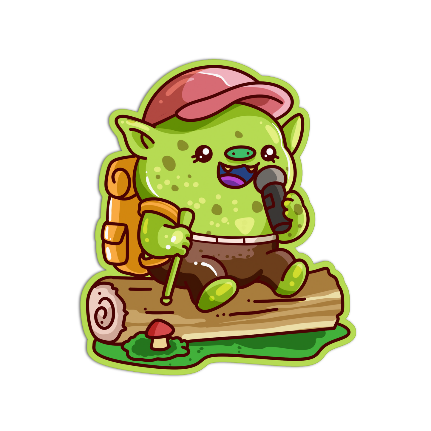 A cartoon-style die-cut sticker of a green goblin character wearing a pink cap and brown pants, sitting on a log with a backpack, walking stick, and holding a microphone, on a plain white background.