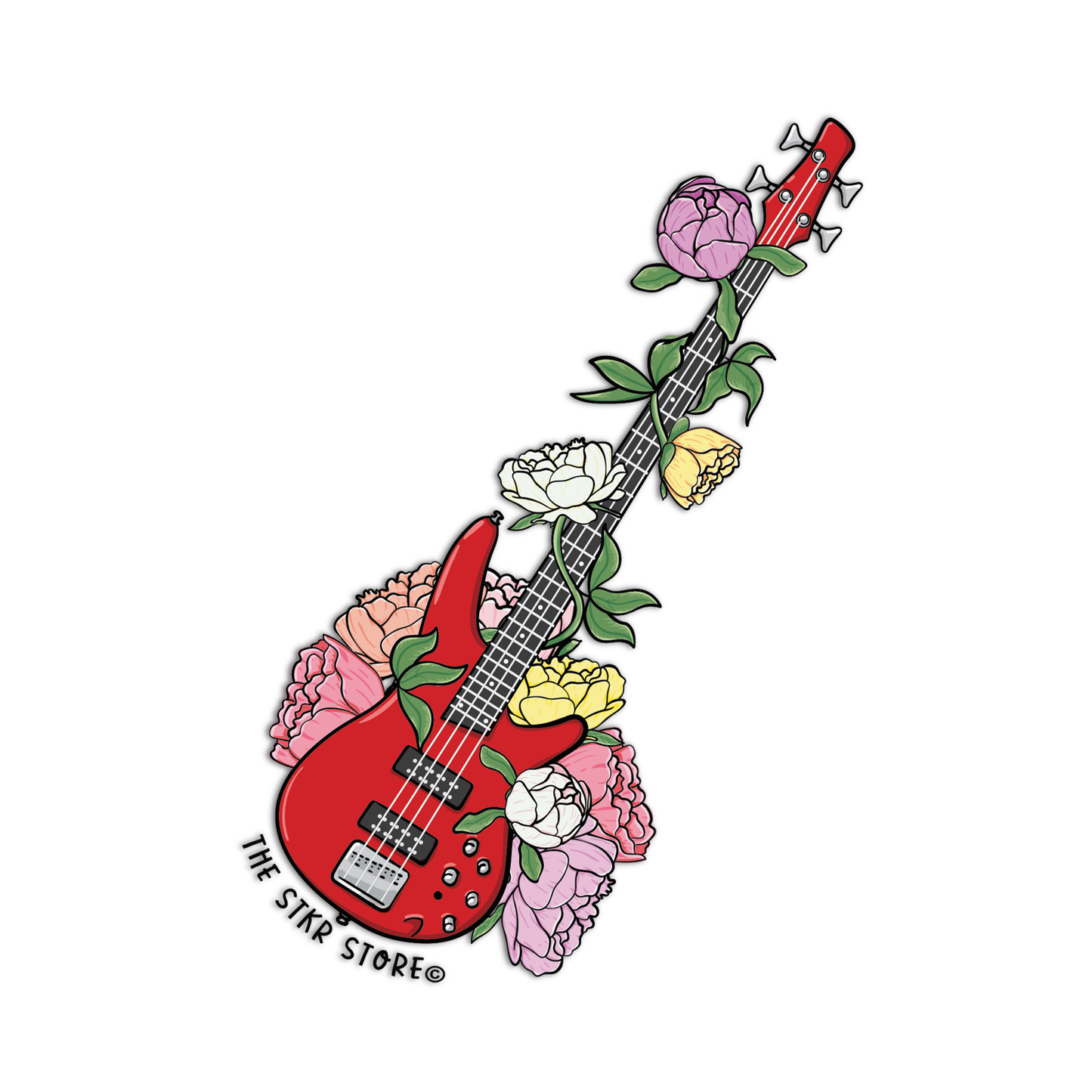 Bass Guitar Musical Instrument with Flowers Sticker - The Stkr Store