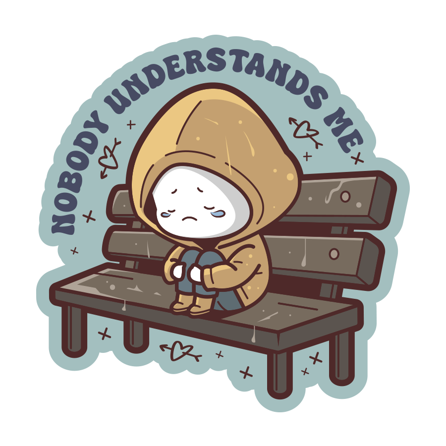 Illustration of a character in a hoodie sitting on a bench with 'Nobody Understands Me' text.