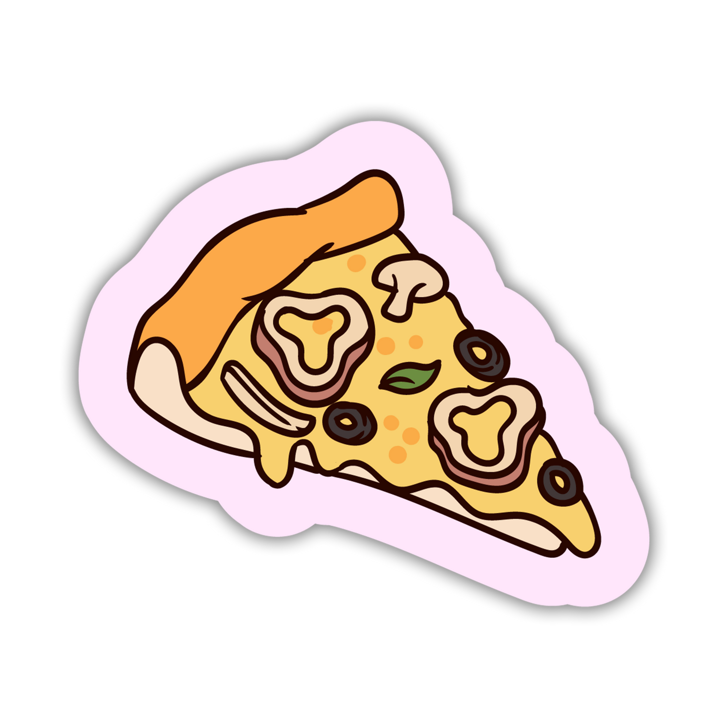 Sticker of a slice of pizza with various toppings on a light pink background